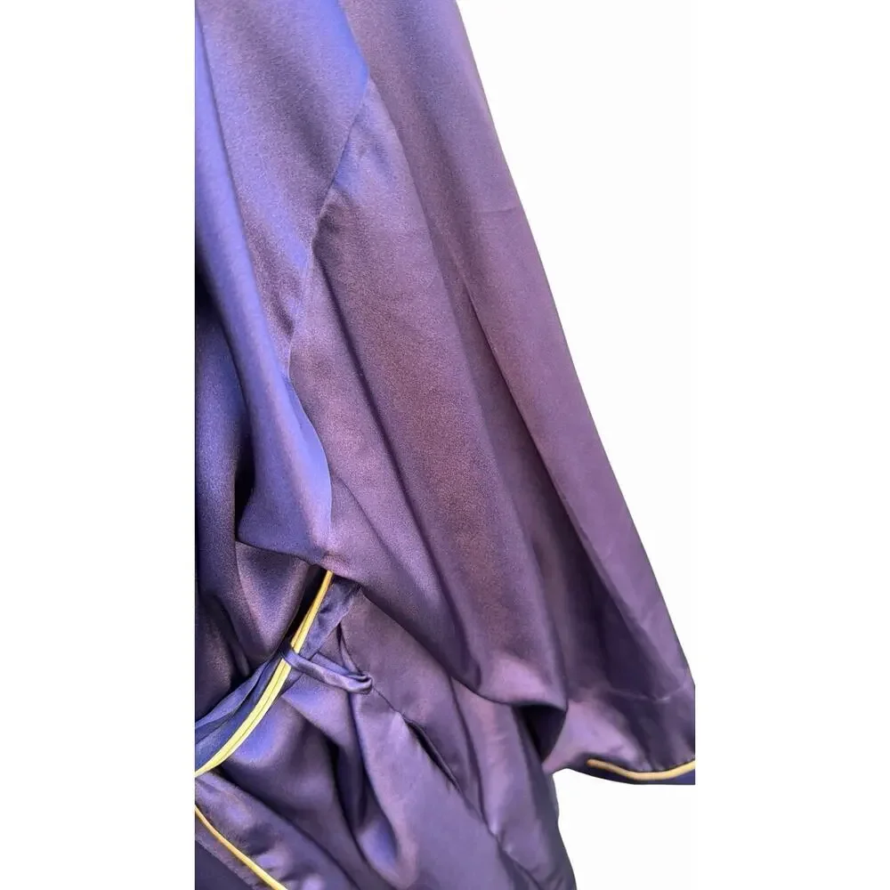 Victoria's Secret Satin Kimono Robe XL Dark Purple Gold Trim Long Belted Pockets